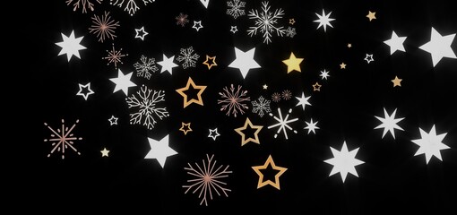 Beautiful festive background with white and gold stars and snowflakes on a black background. Perfect for winter holidays.