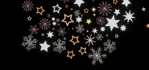 Festive background with gold and white stars and snowflakes on a black background. Perfect for winter holidays.