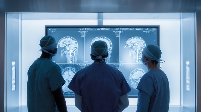 A diverse team of medical experts in a high-tech facility, deeply focused on analyzing complex brain scans for diagnosis and treatment planning