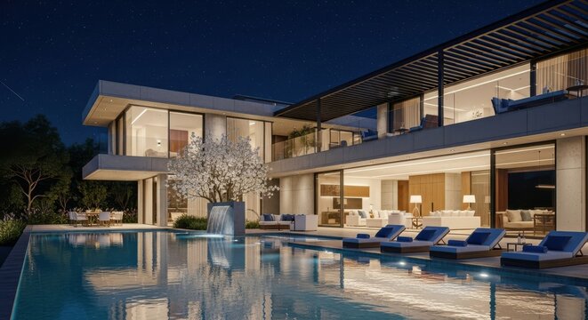 A luxurious modern mansion with a swimming pool and lounge chairs is illuminated at