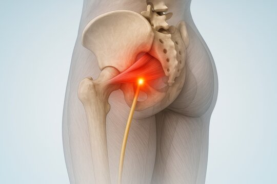 Posterior lateral medical anatomy illustration showing pelvis and upper thigh with piriformis muscle and sciatic nerve entrapment, piriformis syndrome causing sciatic nerve irritation and chronic pain