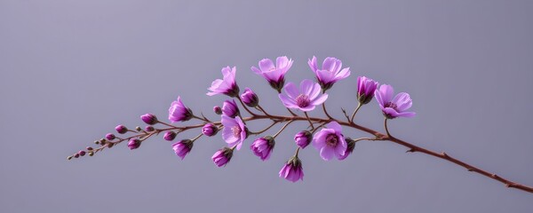 Upright Purple Flower Branch Against Light Gray