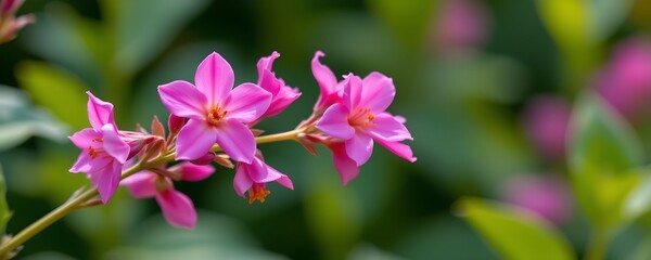Serene Garden Scene with Pink Flowers Against Blurred Greenery