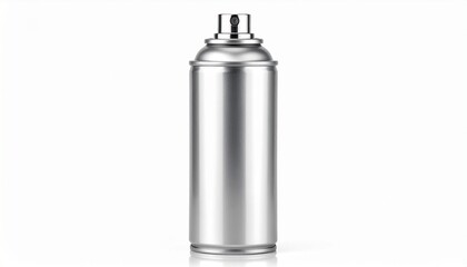 Render a metallic spray bottle with sleek cylindrical design, reflective surface, and precision nozzle, isolated on white background, emphasizing product elegance, packaging clarity, and modern utilit