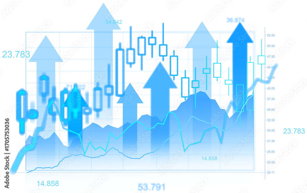 Poster transparent background with blue candlestick chart, data lines, and upward arrows representing stock