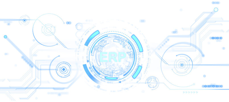 Futuristic ERP system interface with blue HUD-style graphics, isolated on white background, representing enterprise software and digital technology integration