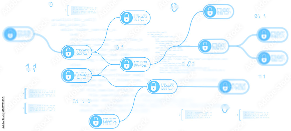 Aufkleber abstract blockchain nodes connected with padlocks and binary code, minimalistic digital style on tra