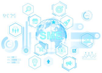 Transparent futuristic interface showing SME concept with blue business, finance, and innovation icons on a white background, representing business development