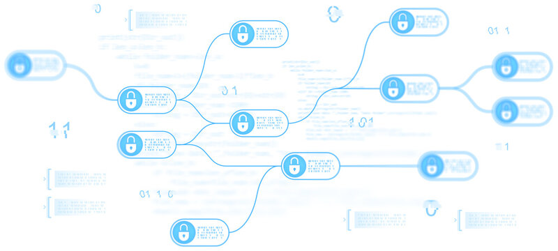 Abstract blockchain nodes connected with padlocks and binary code, minimalistic digital style on transparent background, concept of secure digital transaction