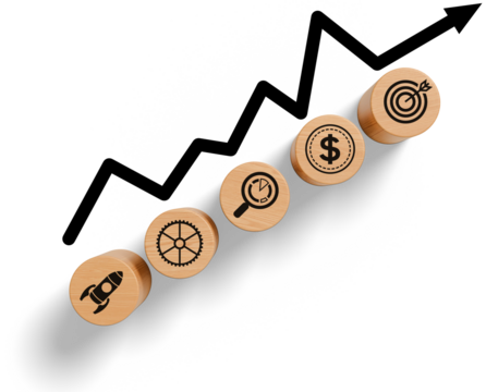 Wooden blocks with business icons like rocket, gear, magnifying glass, dollar, and target with upward arrow, isolated on transparent background
