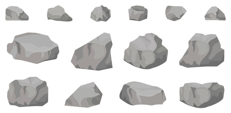 Rock stone collection. Various natural stone shapes and boulders in gray tones for landscape, nature and geology themes