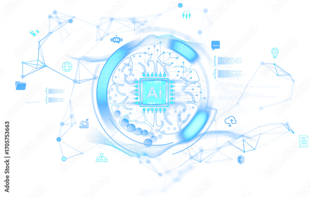 Aufkleber futuristic ai brain with microchip at center, surrounded by neural connections and tech icons, digit