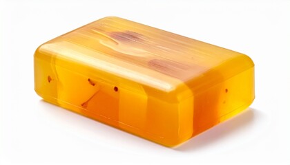 Render a white rectangular soap bar with smooth edges and a small pink flower with visible stamens placed on top, isolated on white background, emphasizing purity, freshness, and natural elegance.