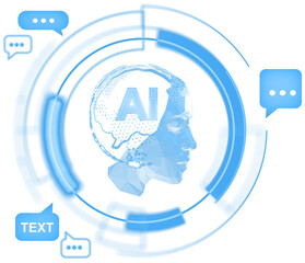 Abstract blue low-poly human head with AI brain and communication bubbles, futuristic digital style, isolated on transparent background, concept of AI chat