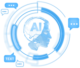 Abstract blue low-poly human head with AI brain and communication bubbles, futuristic digital style, isolated on transparent background, concept of AI chat