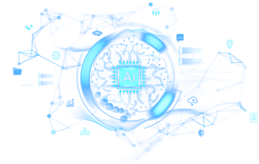 Futuristic AI brain with microchip at center, surrounded by neural connections and tech icons, digital style on transparent background, concept of innovation