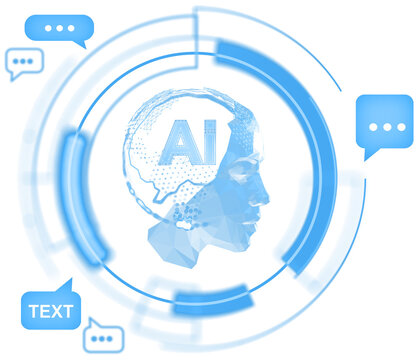 Abstract blue low-poly human head with AI brain and communication bubbles, futuristic digital style, isolated on transparent background, concept of AI chat