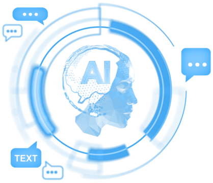 Abstract blue low-poly human head with AI brain and communication bubbles, futuristic digital style, isolated on transparent background, concept of AI chat