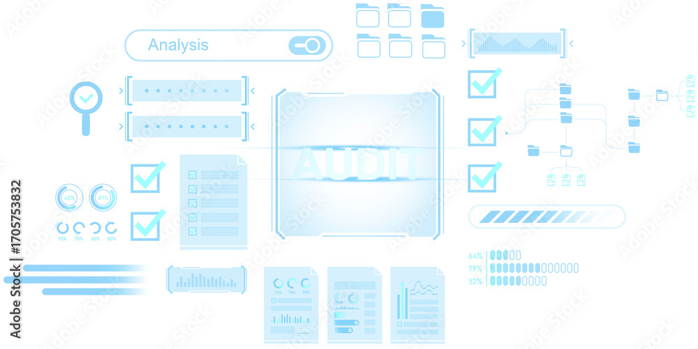 Aufkleber transparent isolated ui elements for data audit and business analysis showing charts, progress bars,