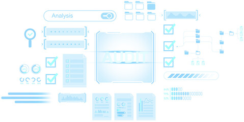 Transparent isolated UI elements for data audit and business analysis showing charts, progress bars, checklists, folder structures, and documents