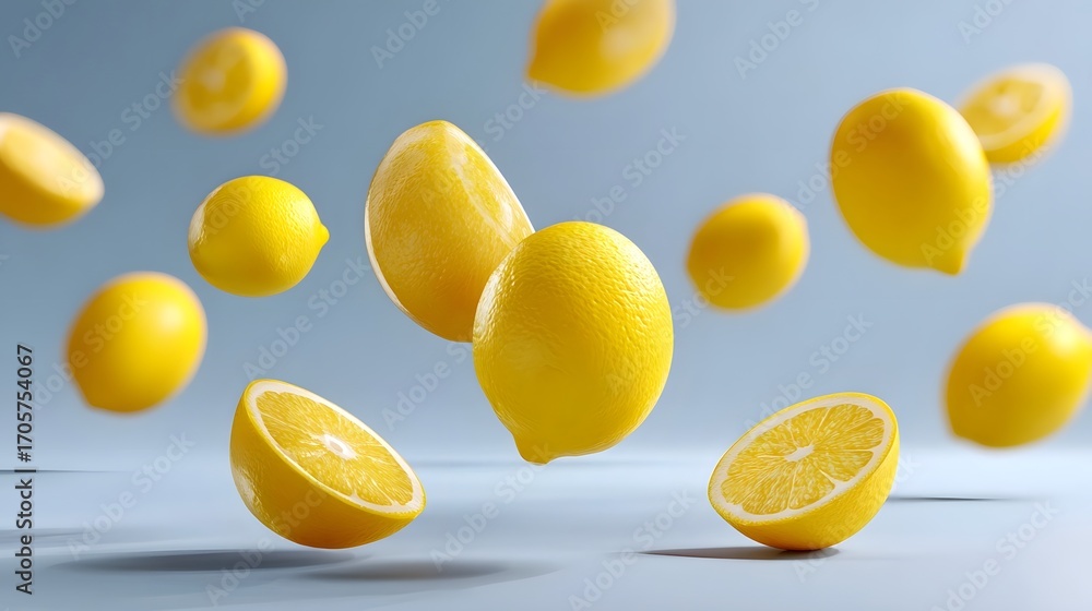 Poster a dynamic composition of freshly sliced yellow lemons floating and suspended in the air against a si
