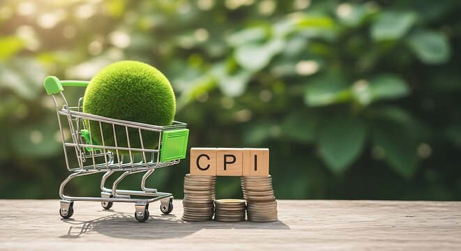 Green sphere representing economy in shopping cart with cpi blocks and stacked coins, symbolizing consumer price index and economic growth