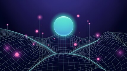 Abstract glowing orb on a digital landscape with futuristic data streams.