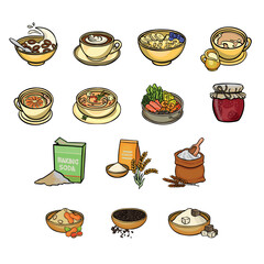 Set of breakfasts, soups and spices vector illustration