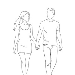 A minimalist line art illustration of a young faceless couple walking and holding hands.