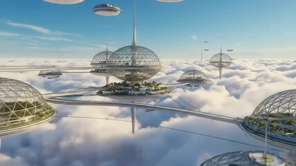 Futuristic cityscape above clouds with flying vehicles