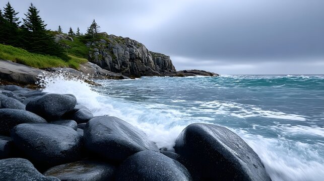 Powerful waves crash against a remote, granite cliff in a rugged, coastal landscape under a moody, stormy sky