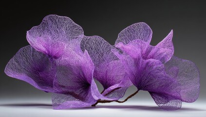 Delicate purple mesh blossoms, organically arranged on a dark grey background, create a translucent floral sculpture with subtle shadows