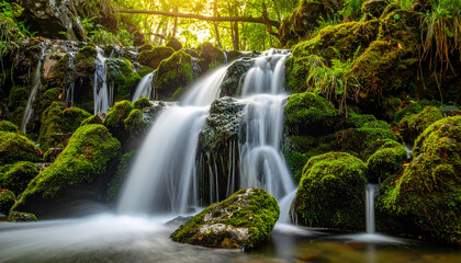 Serene forest waterfall over mossy rocks at sunrise