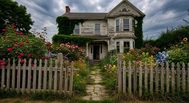 Overgrown Victorian House with Stone Path and White Picket Fence.