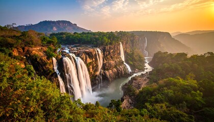 Majestic waterfalls cascading over rocky cliffs at sunrise
