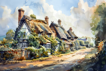 Watercolour oil painting of an old fashioned quintessential English country village in a rural landscape setting with an Elizabethan Tudor thatched cottage, countryside stock illustration image 