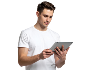 Young man using tablet, isolated on a transparent background, PNG