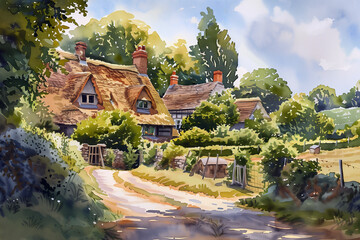Watercolour oil painting of an old fashioned quintessential English country village in a rural landscape setting with an Elizabethan Tudor thatched cottage, countryside stock illustration image   