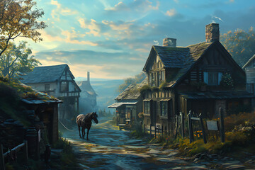Watercolour oil painting of an old fashioned quintessential English country village in a rural landscape setting with an Elizabethan Tudor thatched cottage, dawn stock illustration image  