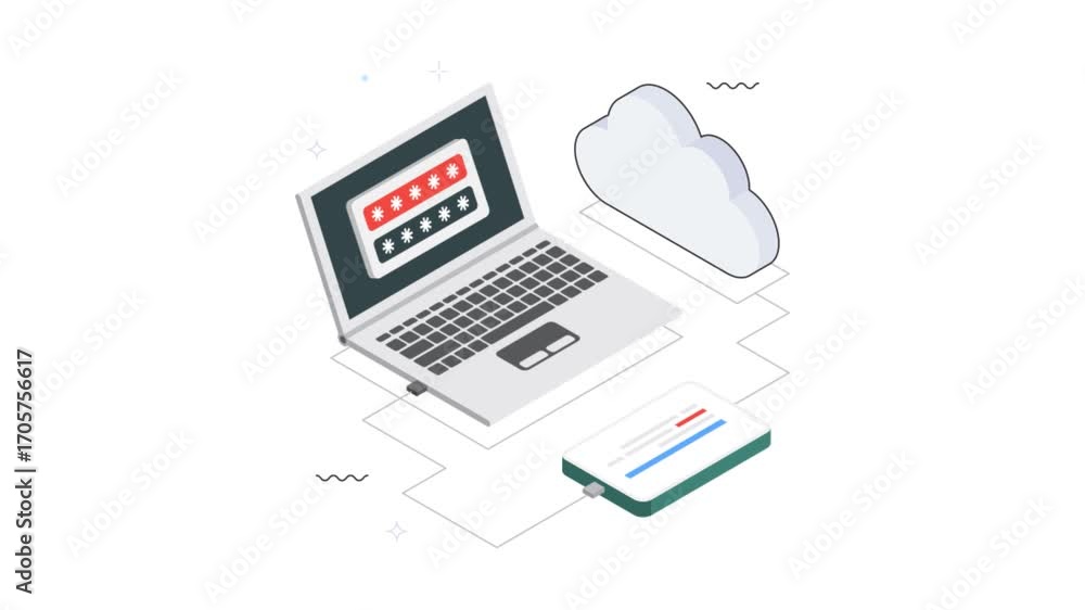 Poster laptop connecting to cloud storage isometric animation mp4 file