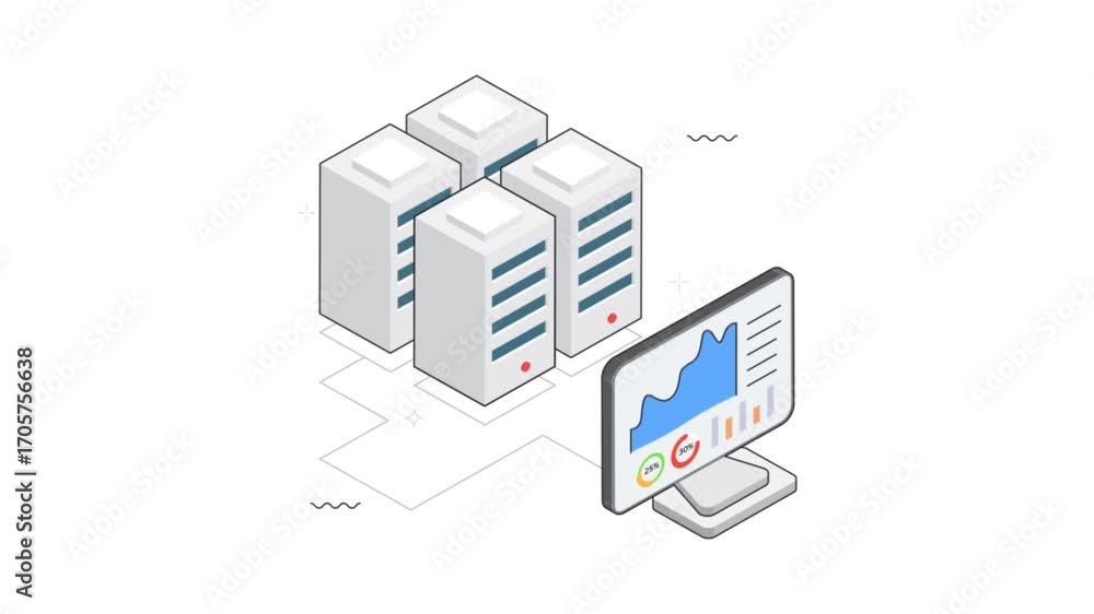 Poster server infrastructure with cloud upload isometric animation mp4 file