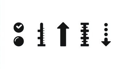 Five black glyphs depict status checkmark, scale, up arrow, stacks, and down arrow