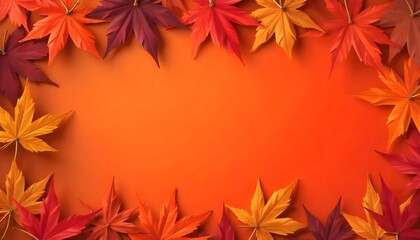Fototapeta premium Autumn leaves framed with an orange background, fall season, colorful foliage, seasonal decoration, vibrant colors, nature-inspired design, festive atmosphere, warm tones