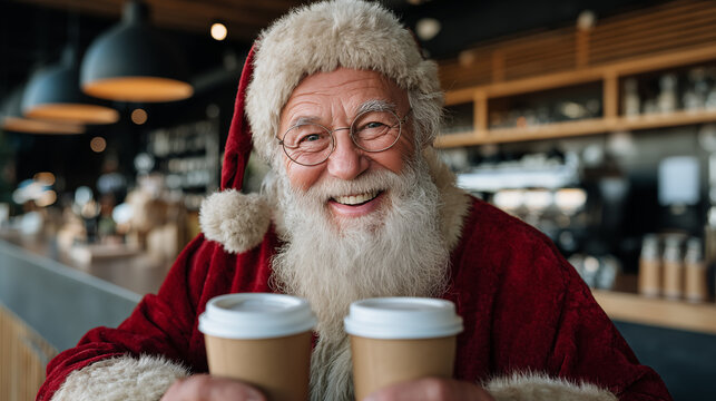 Portrait of smiling senior man in santa costume holding paper cups of coffee in cafe
