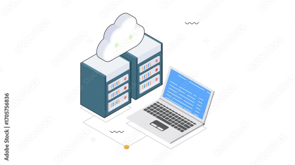 Poster multiple servers linked to cloud platform isometric animation mp4 file