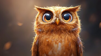 A close up digital illust n of a cute owl with large inquisitive eyes and fluffy feathers against a soft golden lit background