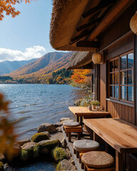 Fototapeta premium A cozy, rustic wooden cabin with a thatched roof, overlooking a tranquil Japanese lake and vibrant autumn mountains, featuring a serene outdoor seating area with a simple bench 