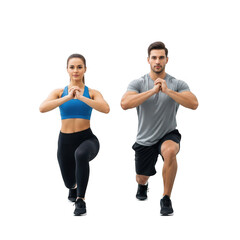 Man and woman doing lunges exercise isolated on transparent background