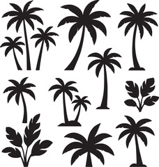 PrintCollection of silhouette palm trees and tropical leaves