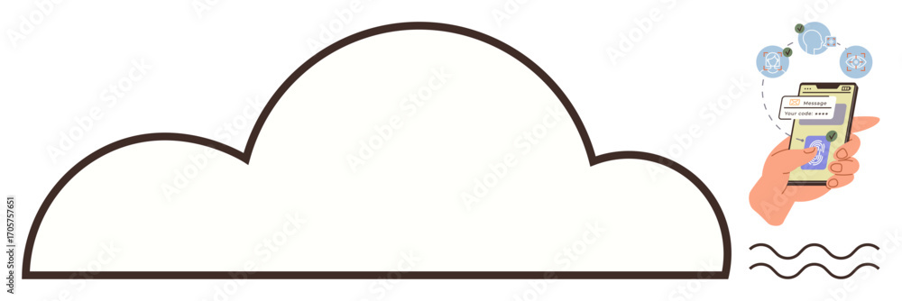 Aufkleber large cloud icon with a hand holding a smartphone displaying data security. digital icons represent 